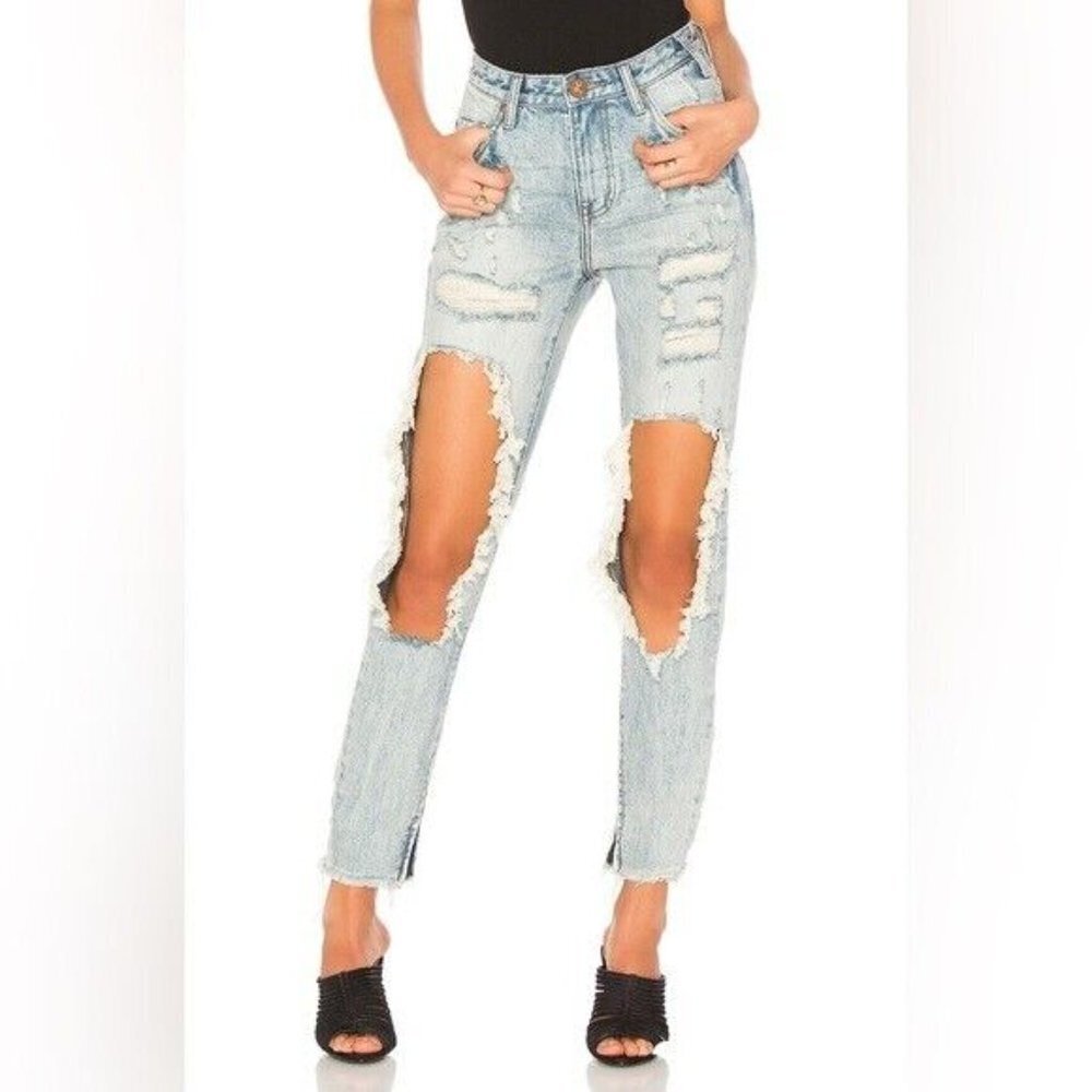 One Teaspoon High Rise Waist Freebirds Skinny Jeans Denim Light Wash Distressed